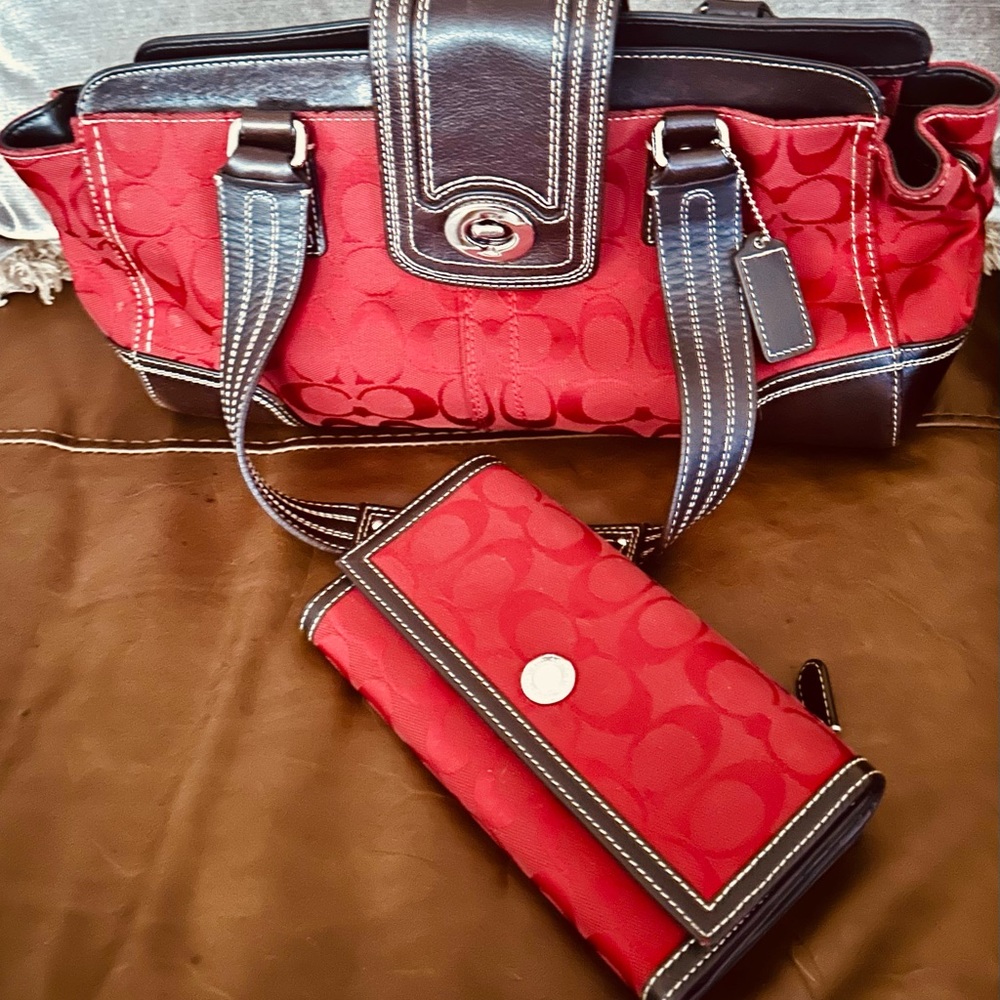 COACH - Women’s handbag plus wallet. Red with brown leather trim.